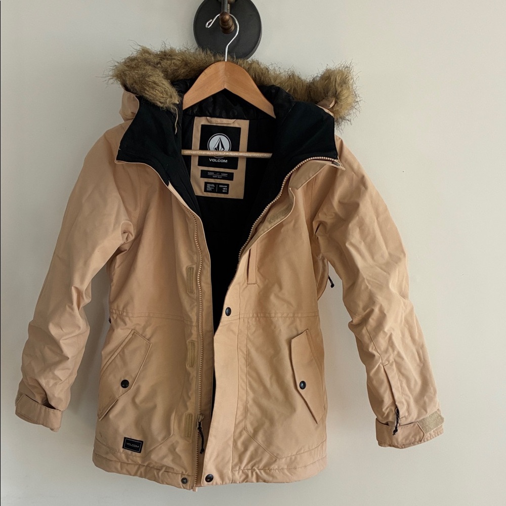 Volcom Kids Beige Puffer Jacket with Faux Fur Hood